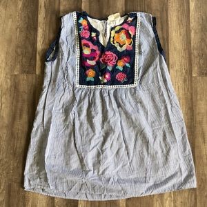 Savanna Jane Blue Striped Sleeveless Top with Multicolor Floral Embroidery